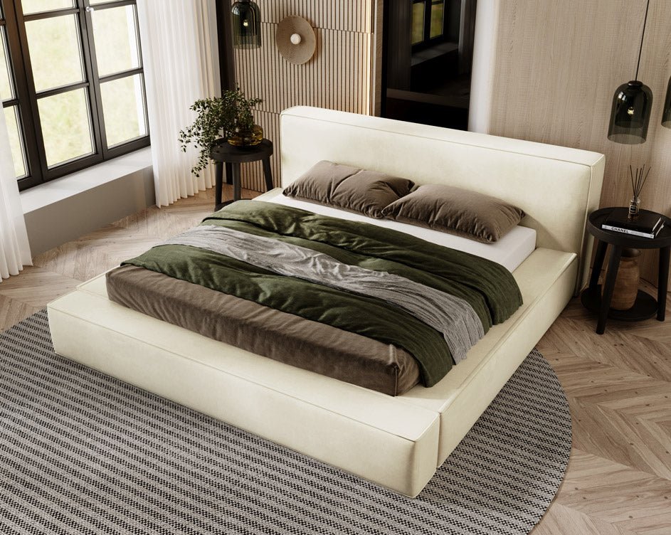 Designer upholstered bed Sleepy in velvet with storage