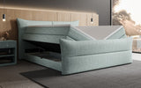 Boxspringbett Elea Leinen-Optik in Vintage Blau (Beverly 16) – Stauraum geöffnet