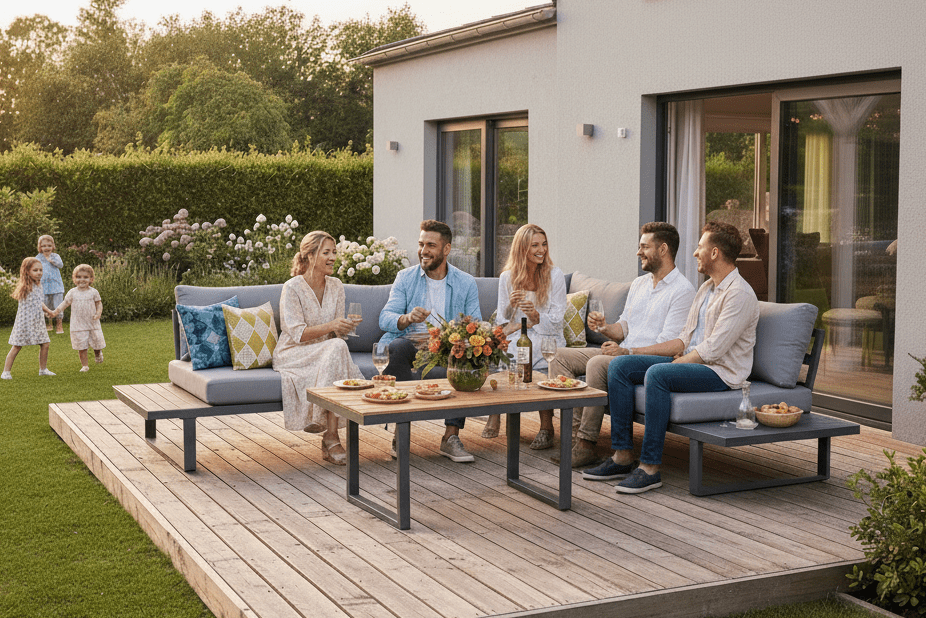 Garten Loungeset Santorin – Aluminium Ecksofa mit höhenverstellbarem Tisch