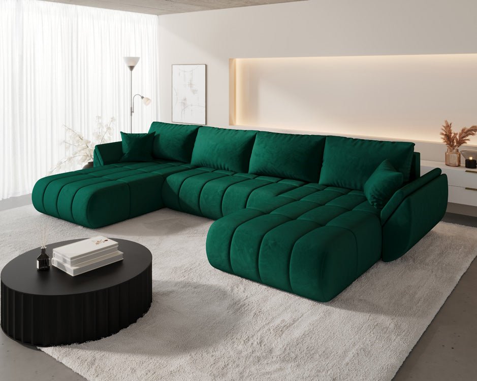 Designer Sofa Lenoa U mit Schlaf- und Klappfunktion in Samt