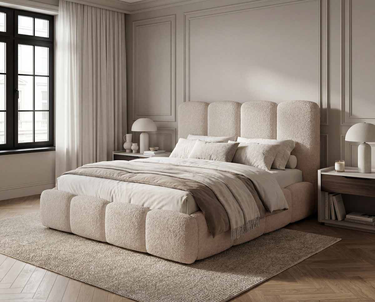 Designer Polsterbett Perla in Bouclé – Beige