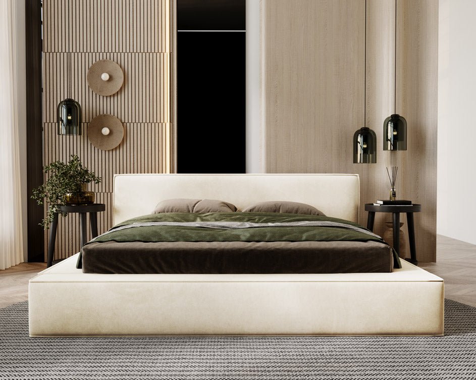 Designer upholstered bed Sleepy in velvet with storage
