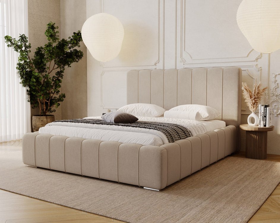 Designer Alvano upholstered bed in velvet with storage