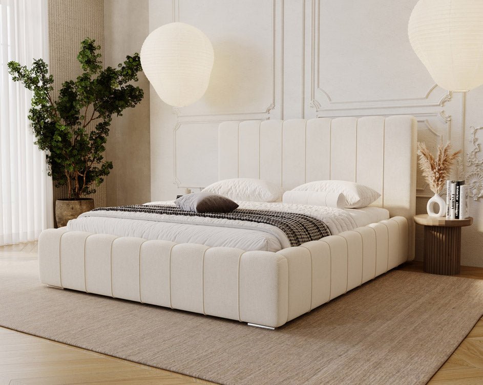 Designer Alvano upholstered bed in velvet with storage
