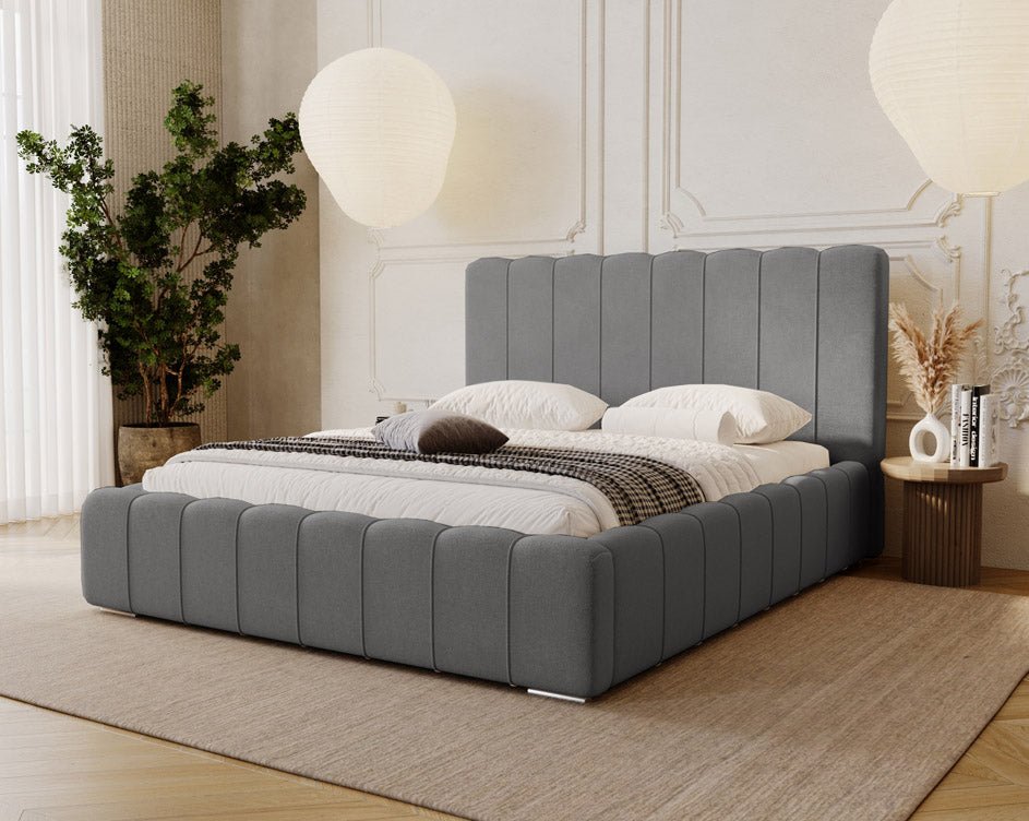 Designer Alvano upholstered bed in velvet with storage