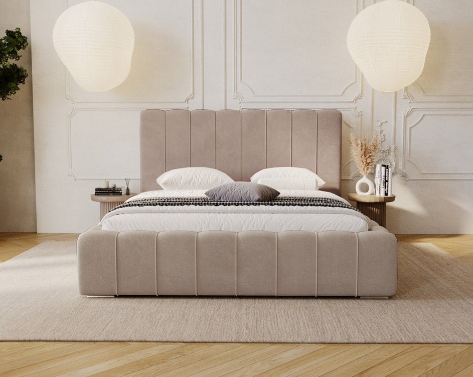 Designer Alvano upholstered bed in velvet with storage