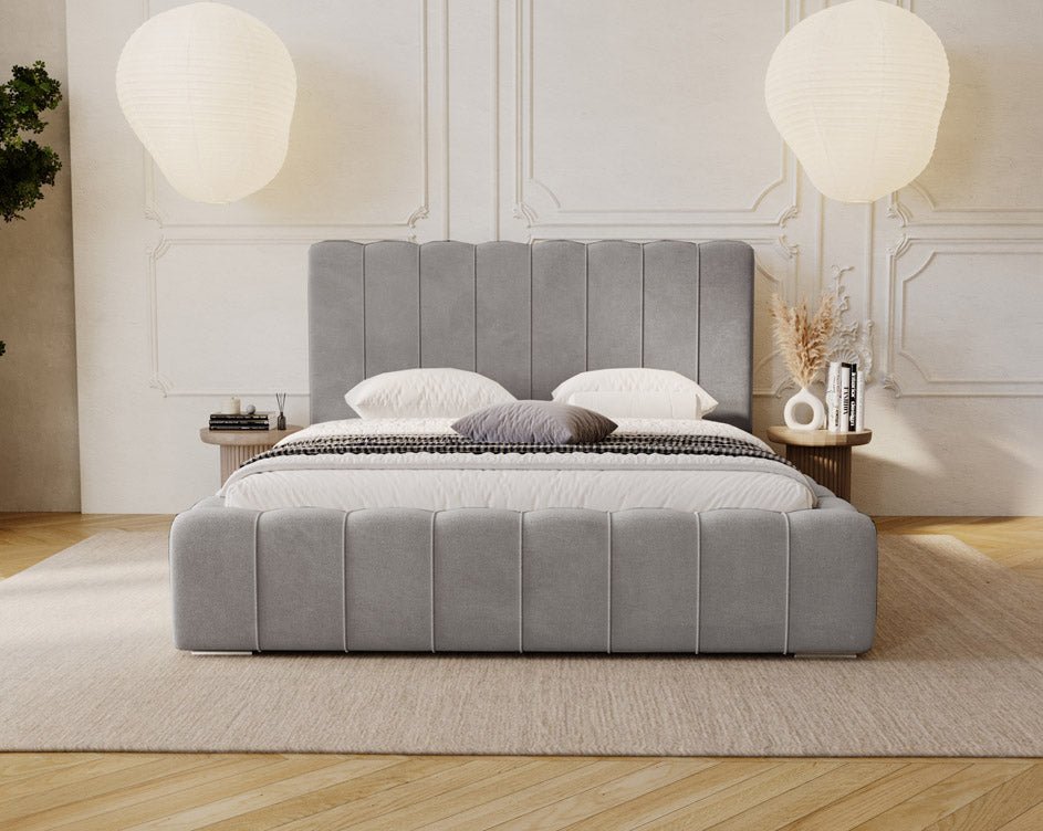 Designer Alvano upholstered bed in velvet with storage