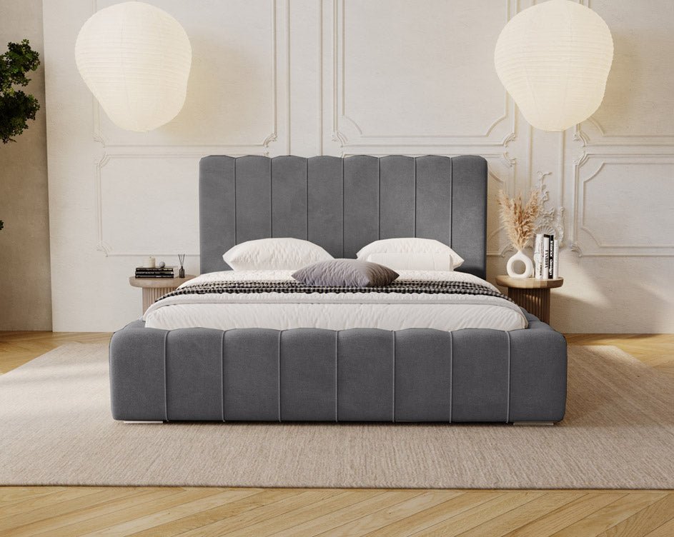 Designer Alvano upholstered bed in velvet with storage