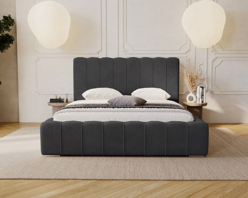Designer Alvano upholstered bed in velvet with storage