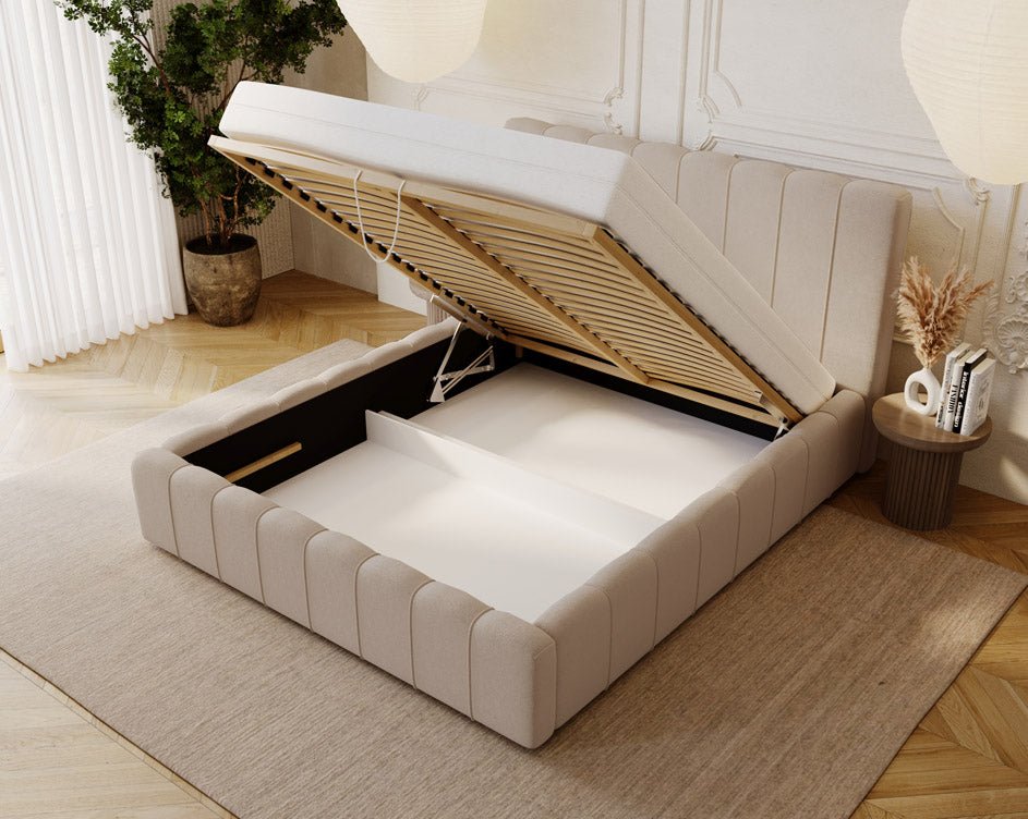 Designer Alvano upholstered bed in velvet with storage
