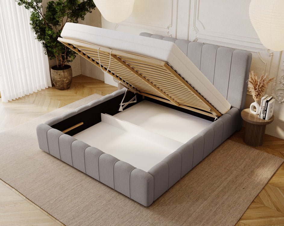 Designer Alvano upholstered bed in velvet with storage