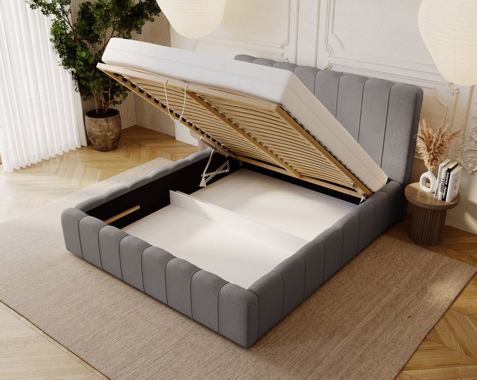 Designer Alvano upholstered bed in velvet with storage