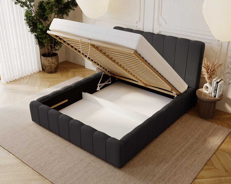 Designer Alvano upholstered bed in velvet with storage