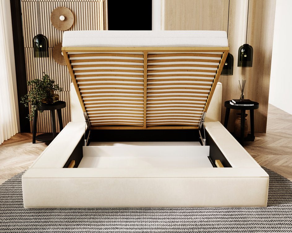 Designer upholstered bed Sleepy in velvet with storage