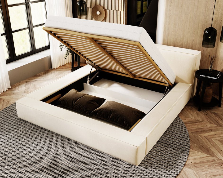 Designer upholstered bed Sleepy in velvet with storage