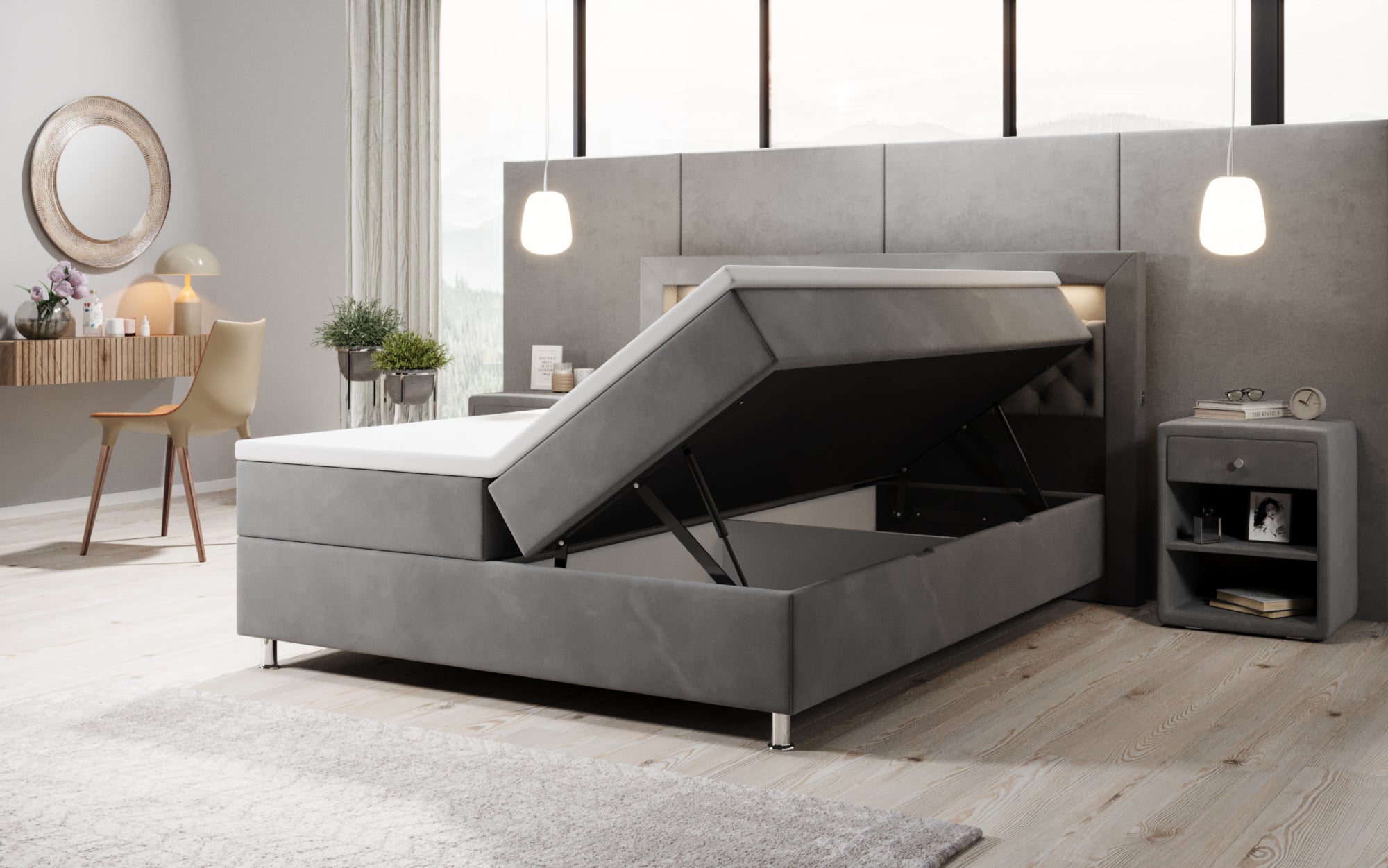 Troja Box Spring Bed with RGB, USB, and Storage