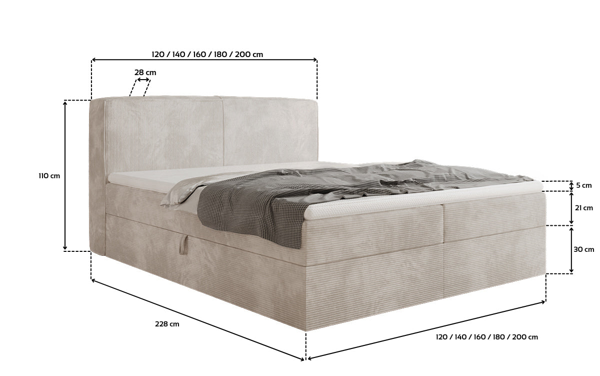 Box spring bed Marea in Corduroy with storage space