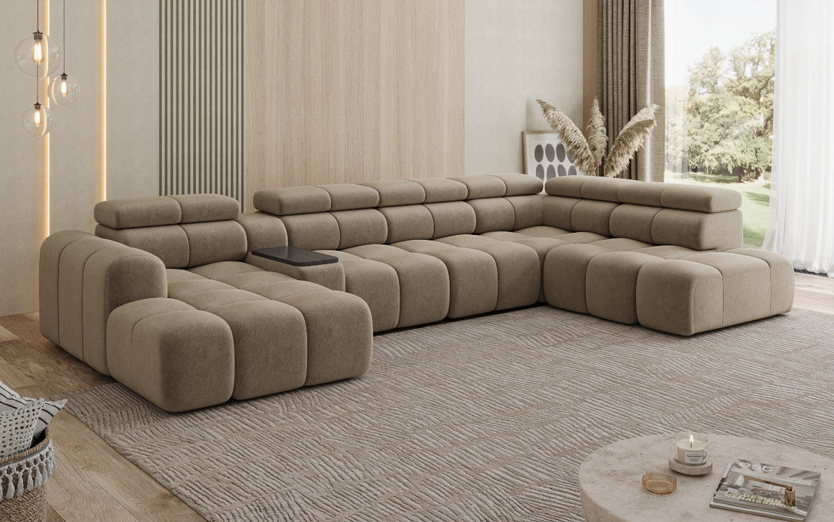 Designer Sofa Wohnlandschaft Mia mit elektrischer Sitzerweiterung in Chenille