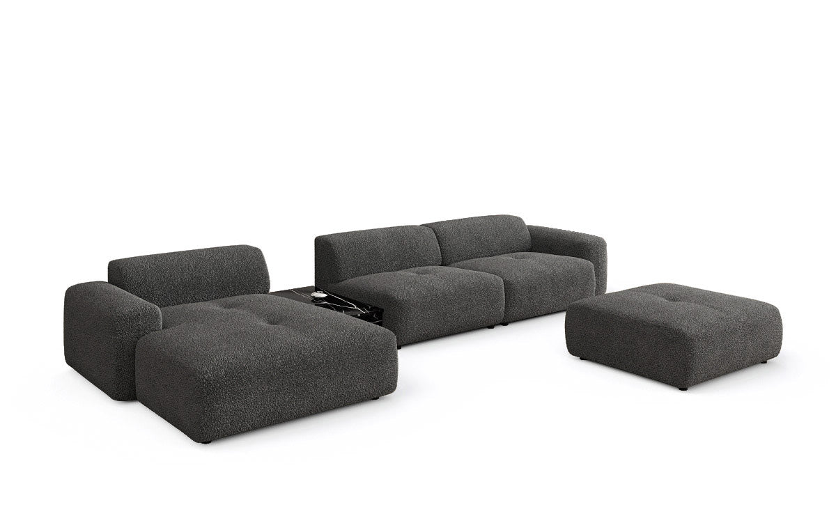 Designer Sofa Calm L mit Beistellhocker und Beistelltisch in Bouclé