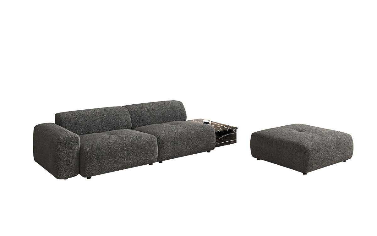 Designer Sofa Calm 3 Sitzer mit Beistellhocker und Beistelltisch in Bouclé