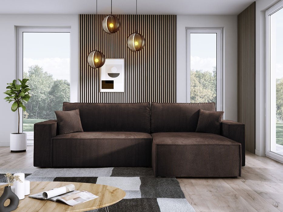 Designer Velanova sofa with sleeper function and storage space, made of corduroy