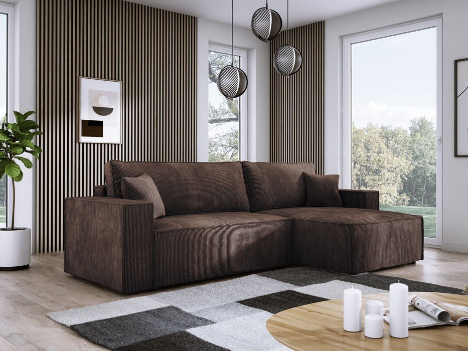 Designer Velanova sofa with sleeper function and storage space, made of corduroy