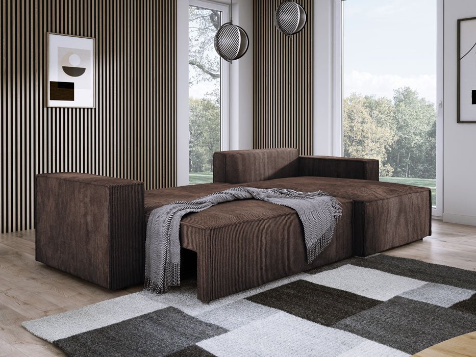 Designer Velanova sofa with sleeper function and storage space, made of corduroy