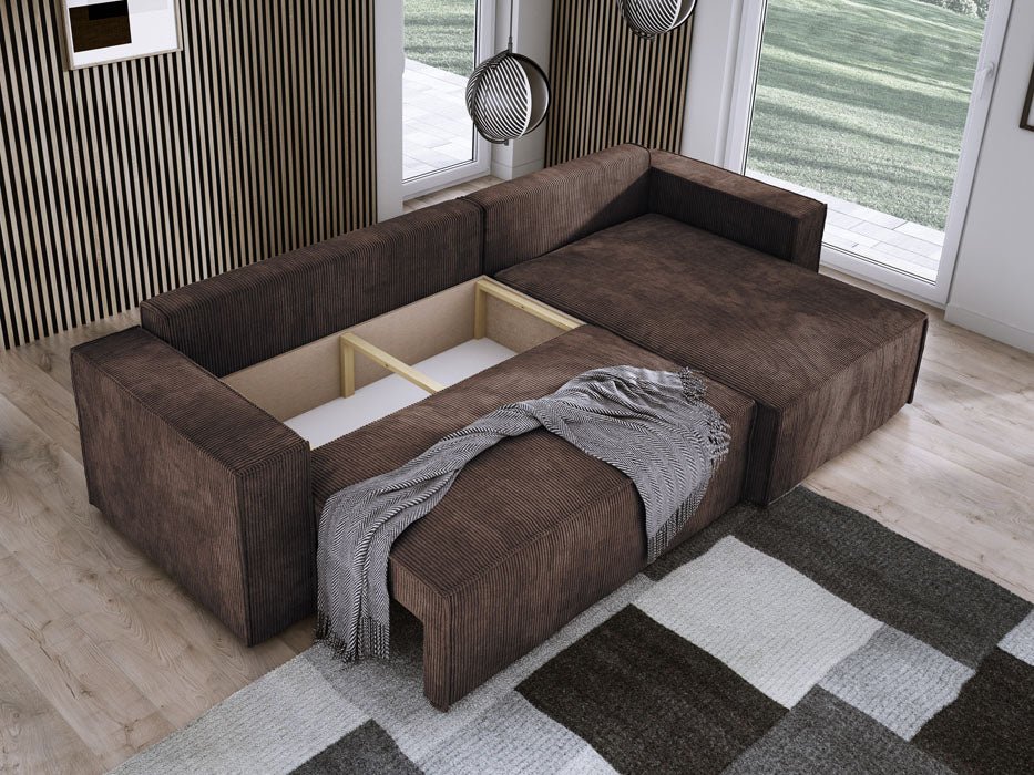 Designer Velanova sofa with sleeper function and storage space, made of corduroy