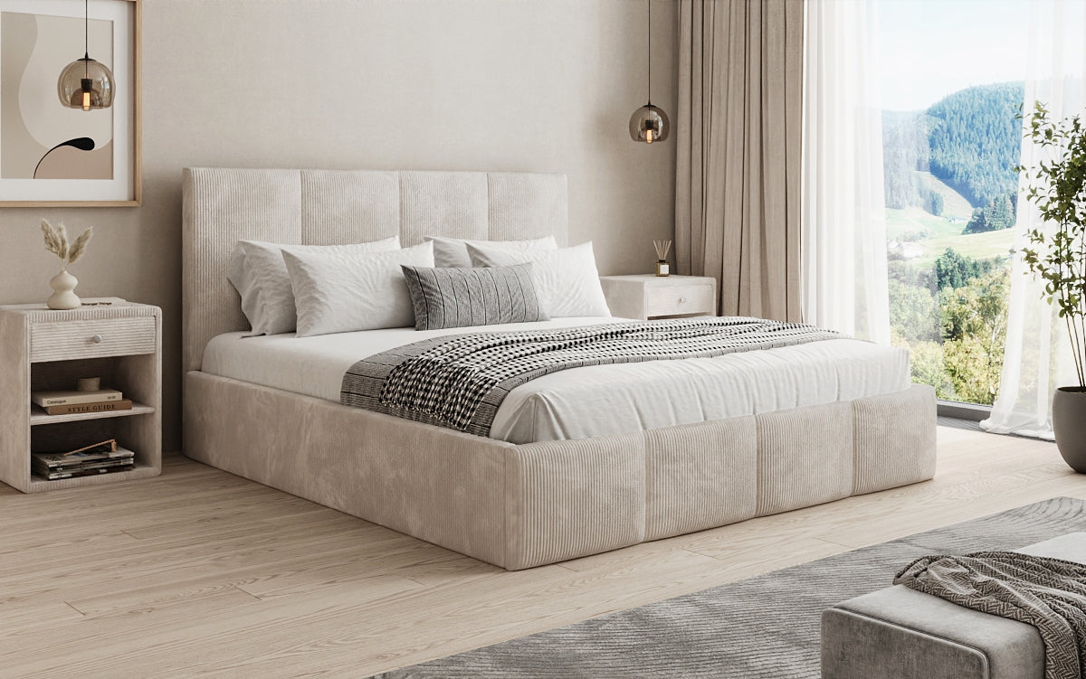 Designer upholstered bed Mina in Corduroy with storage space