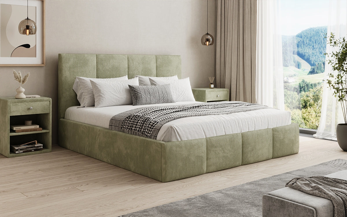 Designer upholstered bed Mina in Corduroy with storage space