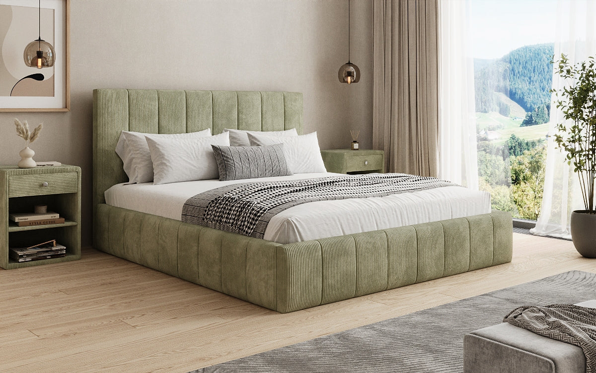 Designer upholstered bed Maja in Corduroy with storage