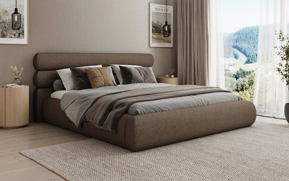 Designer upholstered bed Joline in textured fabric with storage