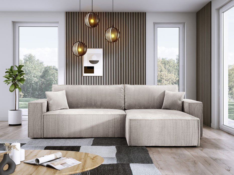 Designer Velanova sofa with sleeper function and storage space, made of corduroy