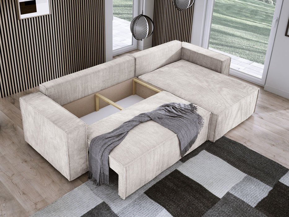 Designer Velanova sofa with sleeper function and storage space, made of corduroy