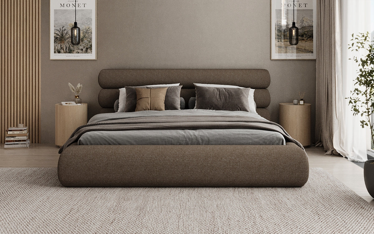 Designer upholstered bed Joline in textured fabric with storage