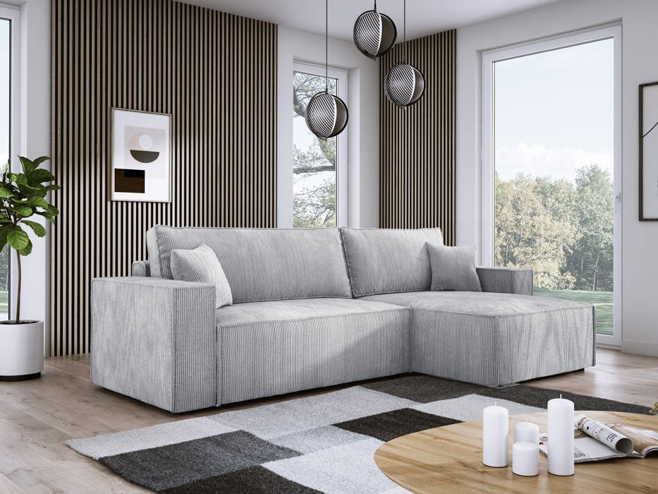 Designer Velanova sofa with sleeper function and storage space, made of corduroy
