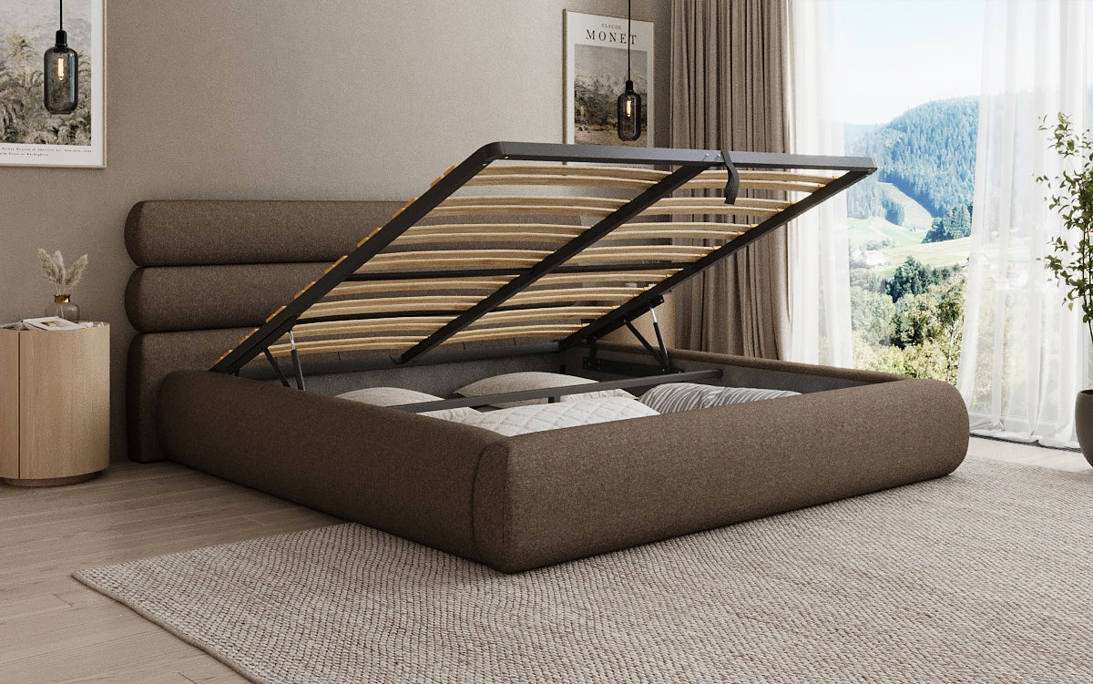 Designer upholstered bed Joline in textured fabric with storage