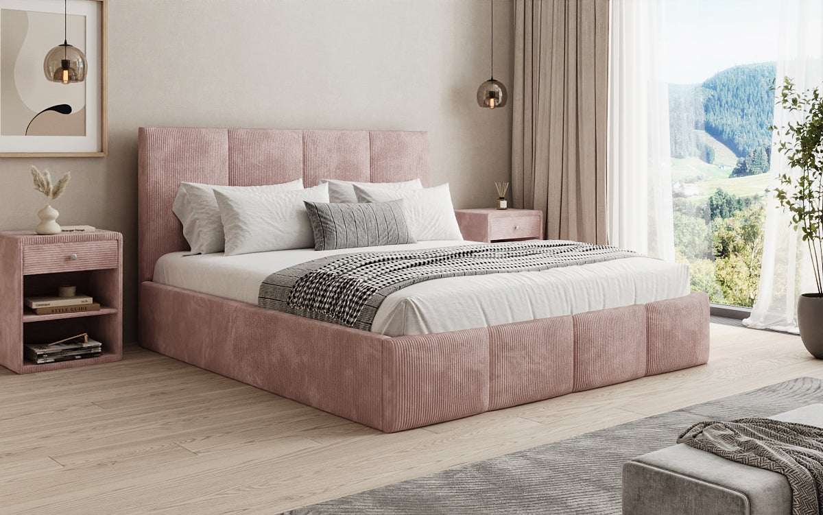 Designer upholstered bed Mina in Corduroy with storage space