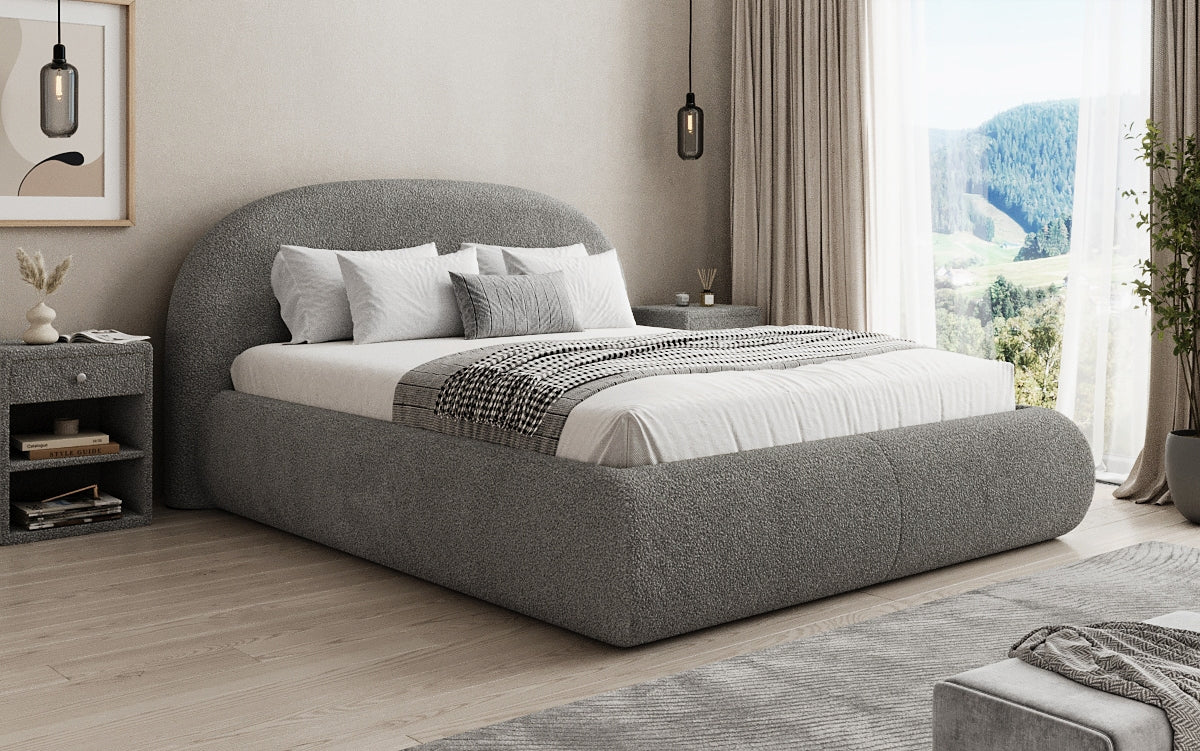 Designer upholstered bed Loop in teddy bouclé with storage space