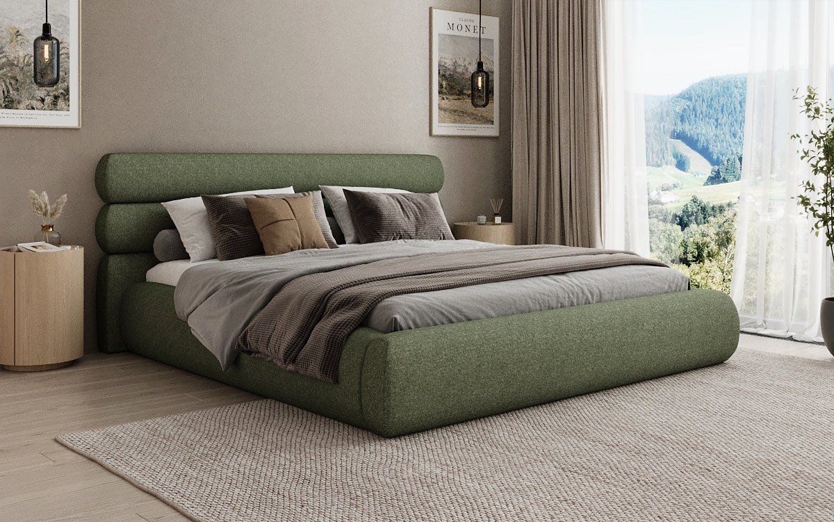 Designer upholstered bed Joline in textured fabric with storage