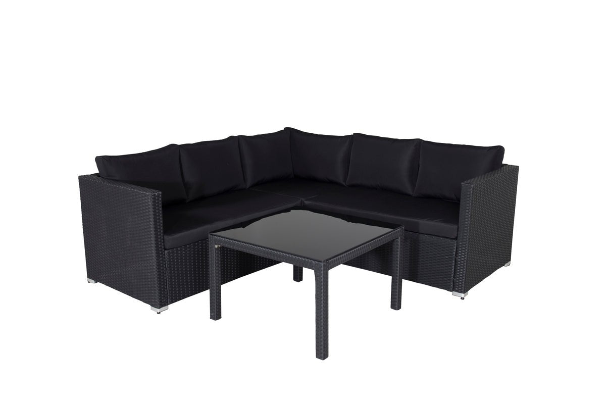 Garden Lounge Set Ravello – Corner Sofa Set made of Polyrattan in Black with Glass Top