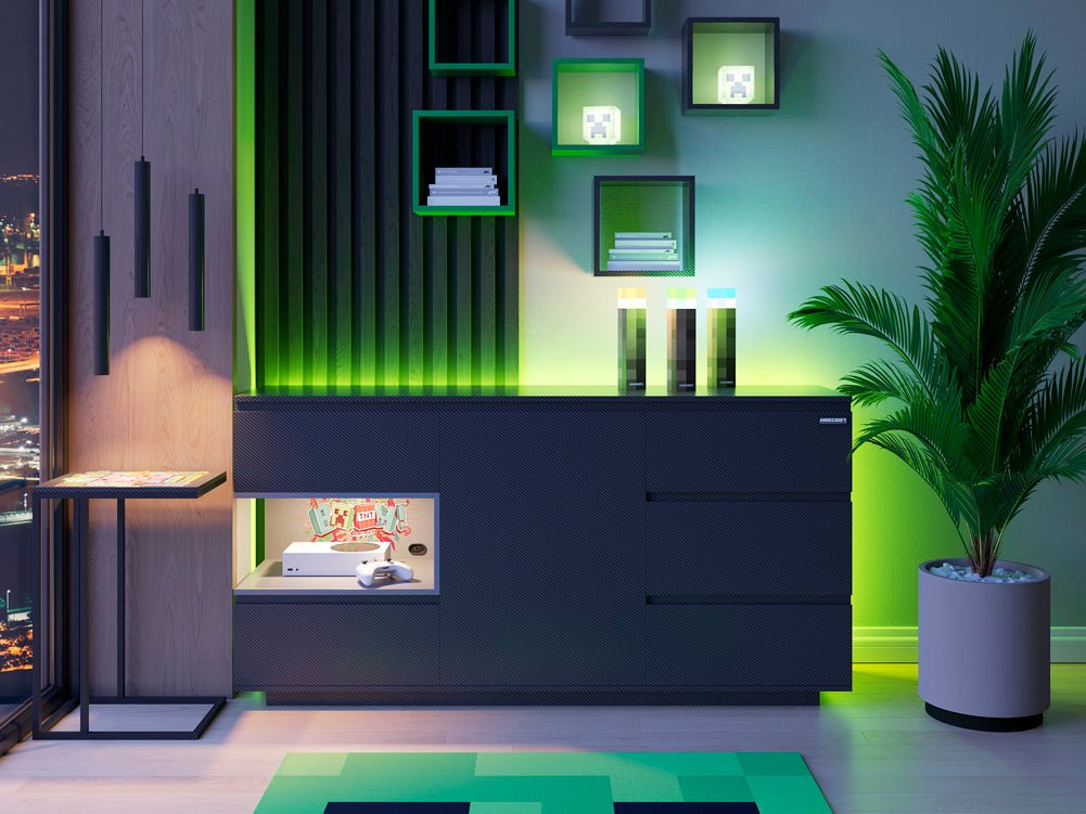 Minecraft Kommode „PixelVault“ – mit LED, 5 Schubladen & Konsole-Fach