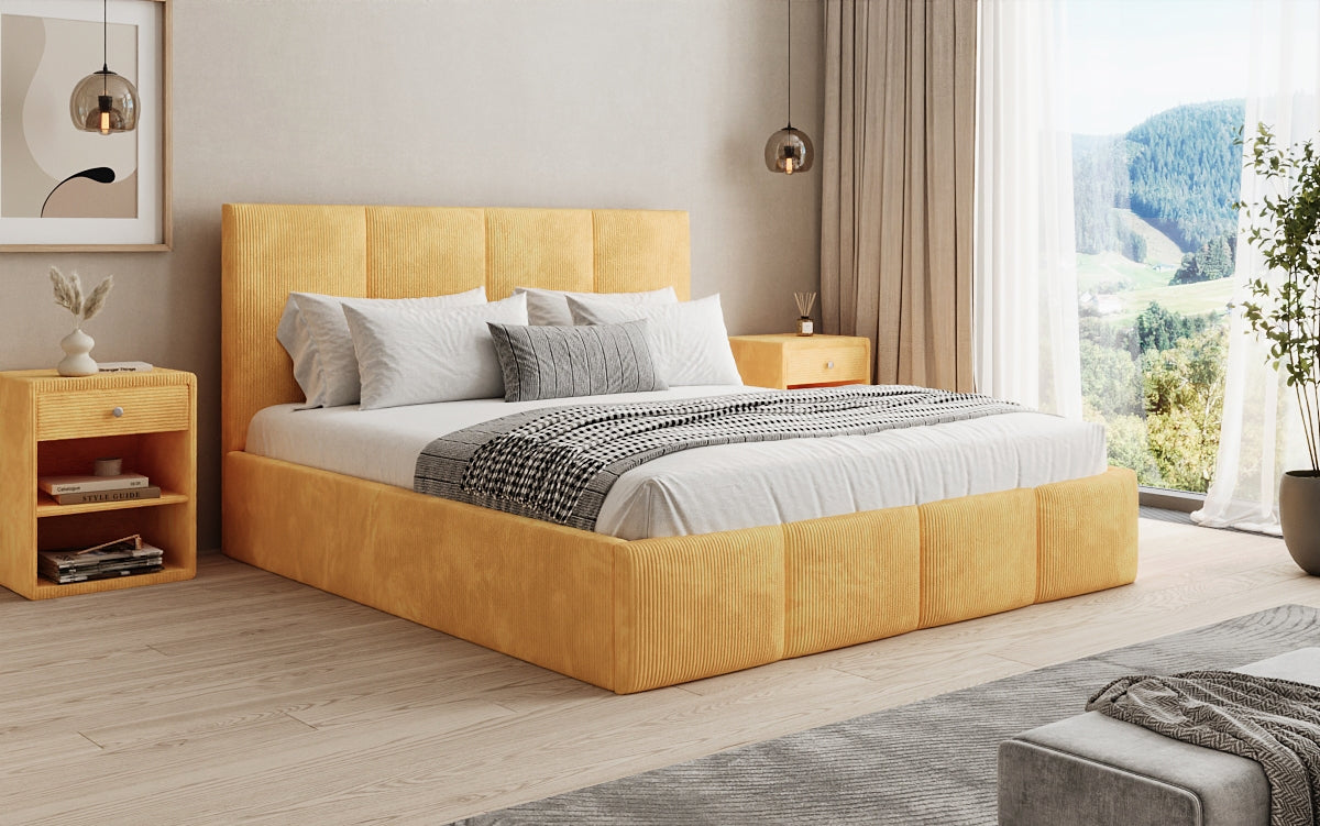 Designer upholstered bed Mina in Corduroy with storage space