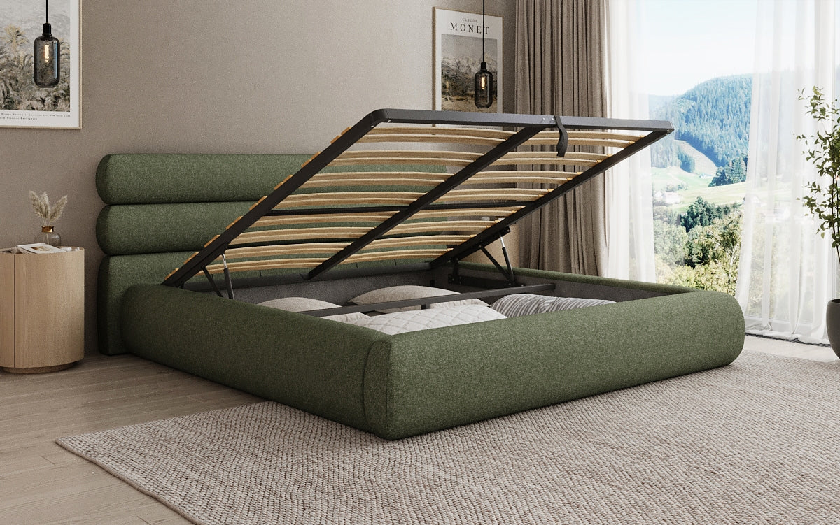 Designer upholstered bed Joline in textured fabric with storage