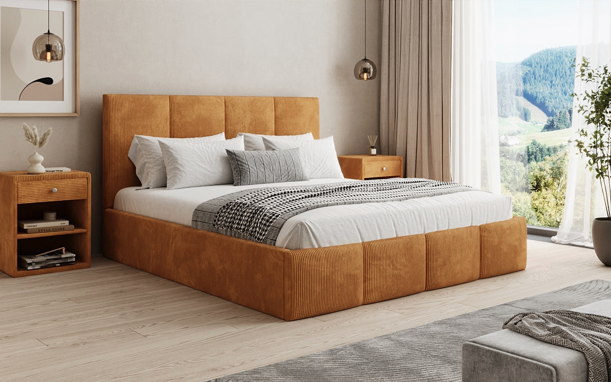 Designer upholstered bed Mina in Corduroy with storage space