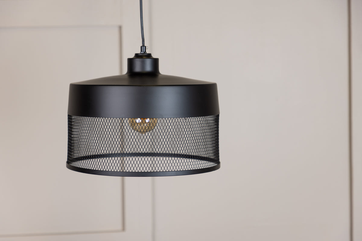Pendant lamp "Jolina" – made of matte black iron with decorative mesh shade