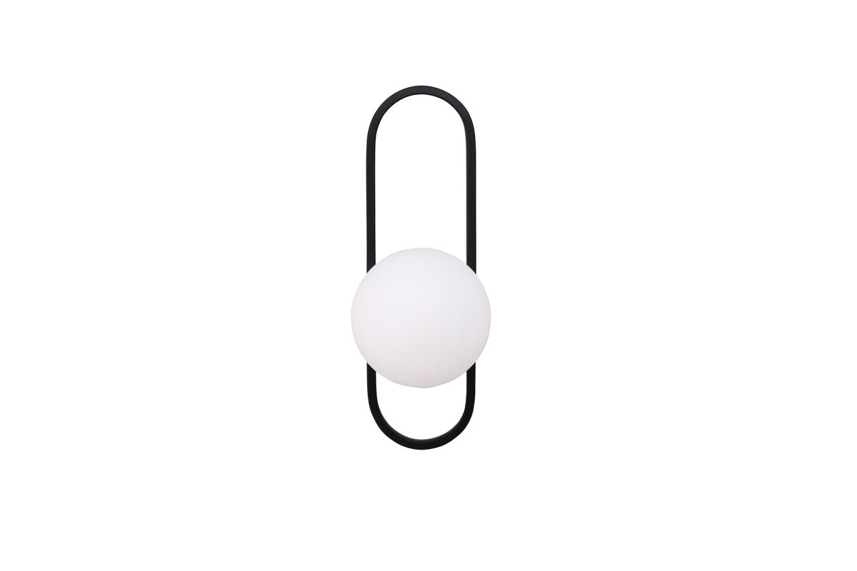 Wall lamp "Alpin" – Black oval iron bracket and white glass shade