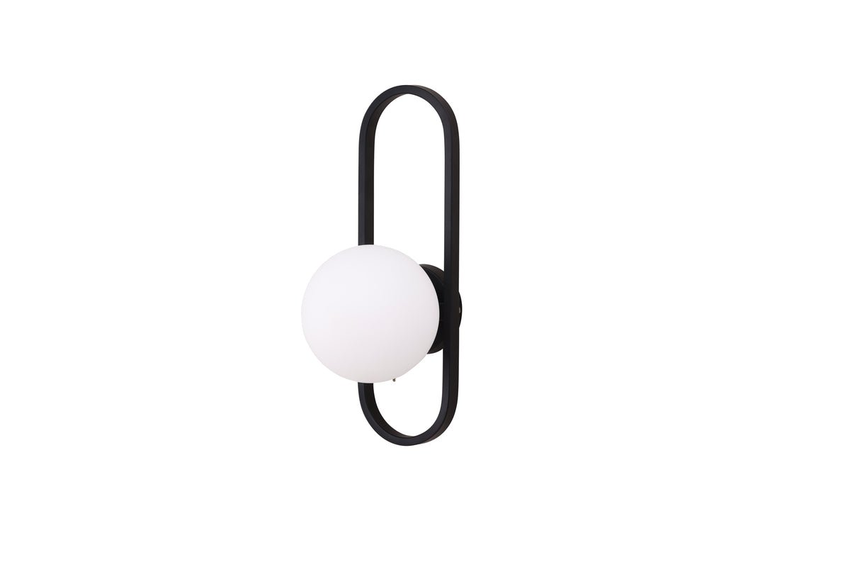 Wall lamp "Alpin" – Black oval iron bracket and white glass shade