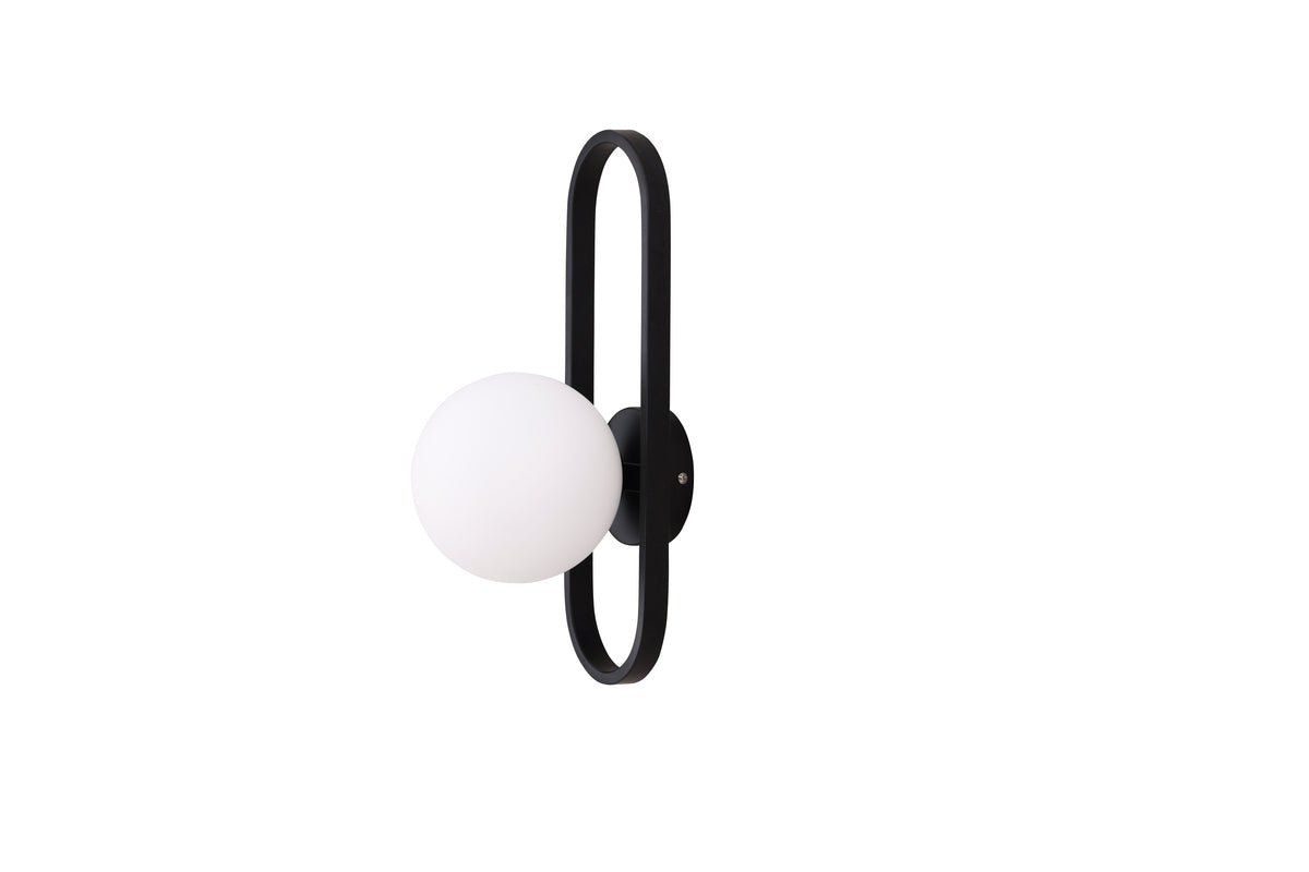 Wall lamp "Alpin" – Black oval iron bracket and white glass shade