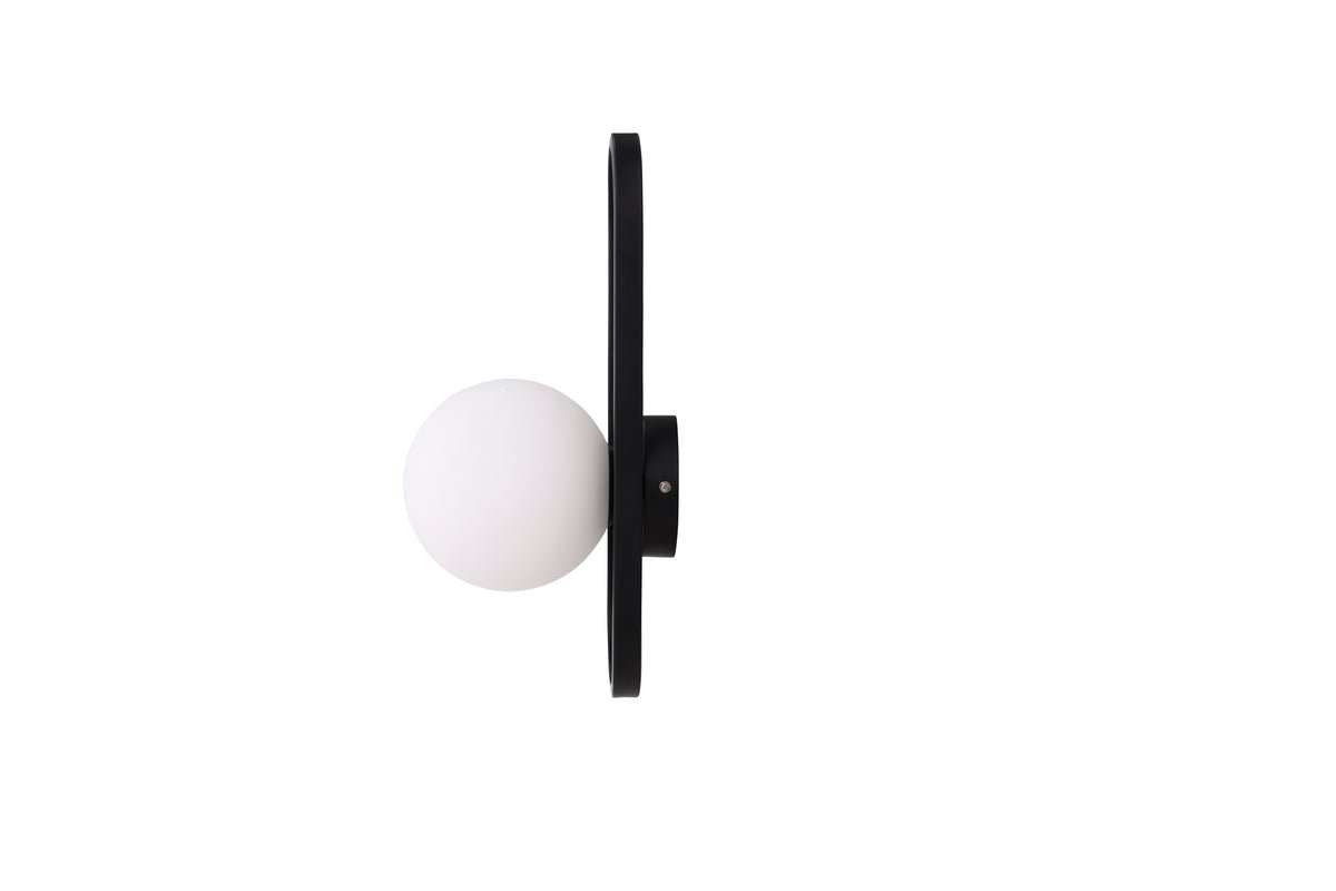 Wall lamp "Alpin" – Black oval iron bracket and white glass shade